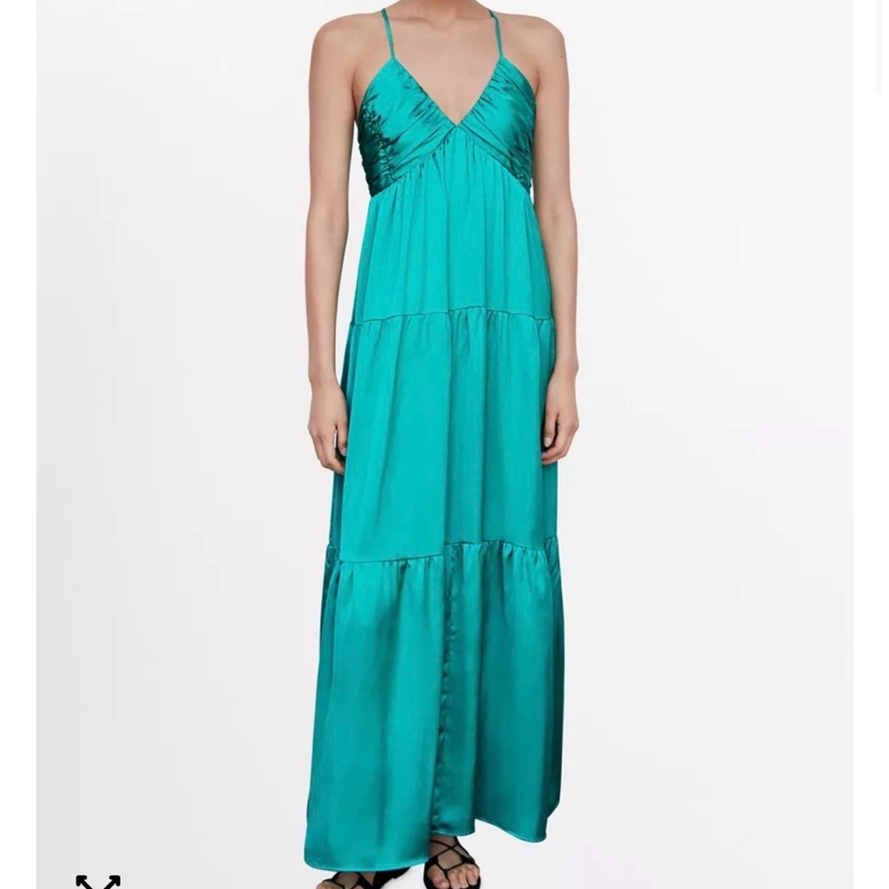 Mango - Ruched Satin Teal Maxi Dress